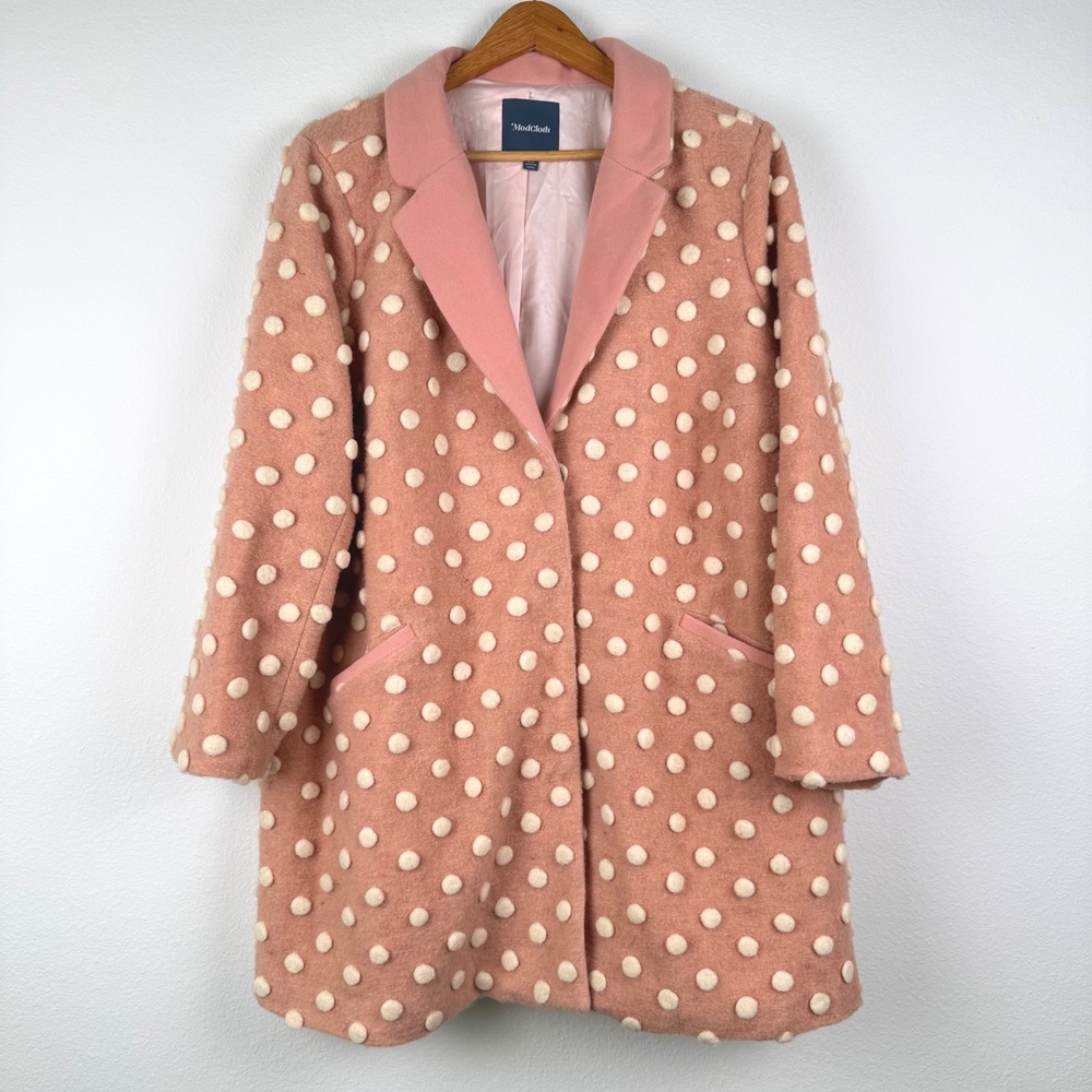 ModCloth Pom Pom Wool Coat Womens 2X Pink Excellent Retro Polka Dot Mid Length